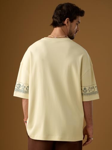 The Souled Store Nomad: Life Men and Boys Short Sleeves Round Neck Beige Embroidered Casual Drop Shoulder Streetwear Trendy Super Oversized T-Shirt
