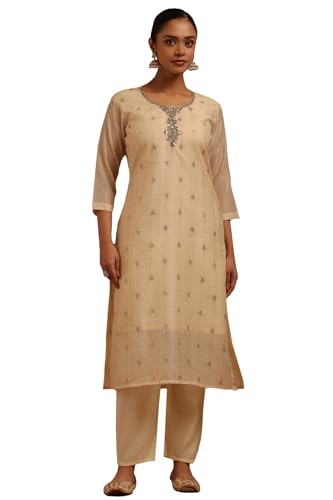 Soch Womens Cream Chanderi Woven Design Kurta Set With Mirror Work