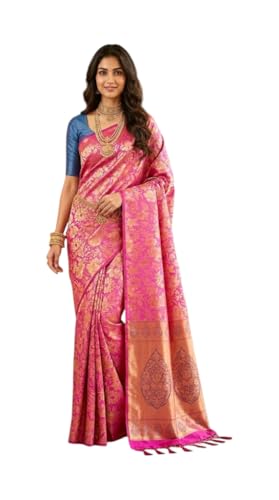 VFCollections Women's Kanchipuram Silk Pure Pattu Sarees- No Border/Zero Border - Teen & Mid age With Blouse (VFC263-6)