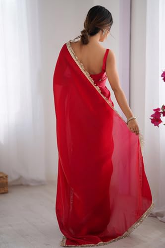 SGF11 Women's Fandy Satin Soft Silk and Sequence Handwork Lace Border Saree With Unstiched Blouse Piece (Pink)