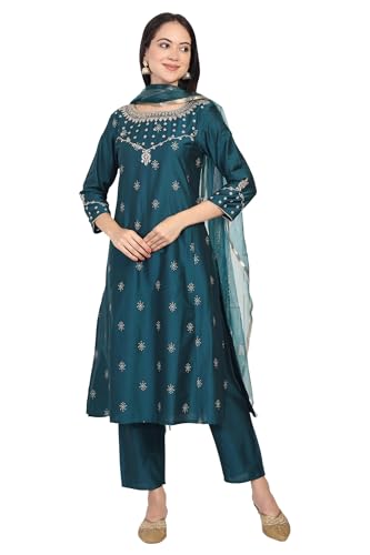 W for Woman Turquoise Embroidered Zari Sequined Straight Silk Blend Kurta with Straight Pant and Dupatta Set (WS13398-126896-M)