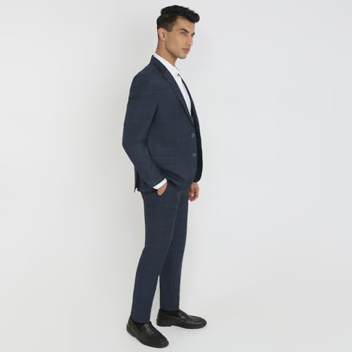 Park Avenue Men Slim Fit Solid Pattern Terry Rayon Blend Notch Lapel Full Sleeve Formal Suit Blue