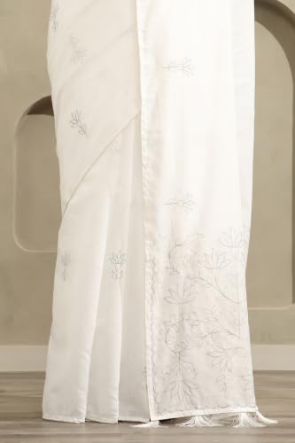 Soch Womens Grey Tussar Botanical Embroidered Saree