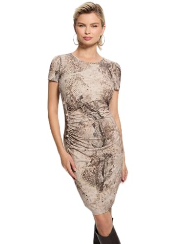 GUESS Women's Beige Printed Round Neck Short Sleeves Bodycon Dress