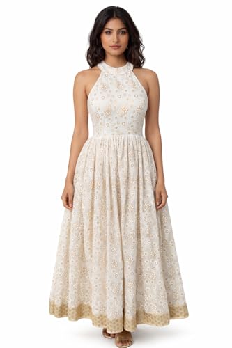 Glinty Chic Women's Embroidered Gown with Dupatta, White and Gold, Halter Neck, Floral Embroidery, Lace-Up Back (in, Alpha, M, Regular)