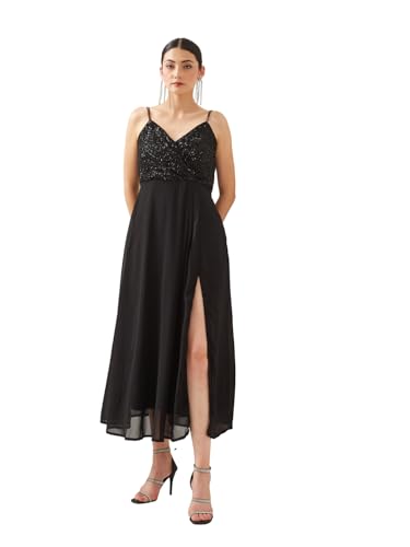 Latin Quarters Women Black V- Neck Sleeveless A-Line Sequined Party Dress_M