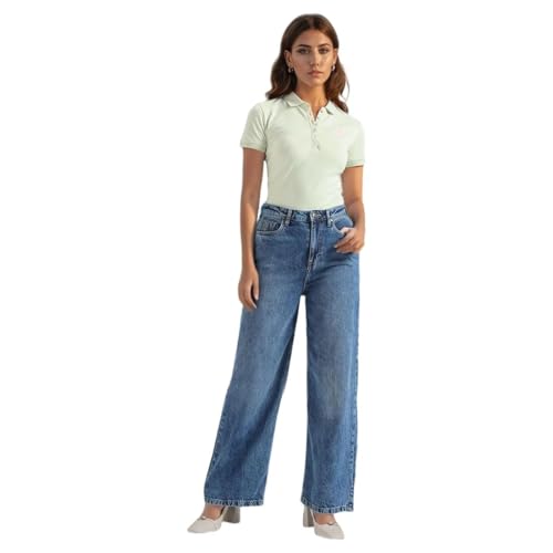 U.S. POLO ASSN. Women's Wide Leg Mid Rise Jeans (UWAW23JN048_Blue_34)