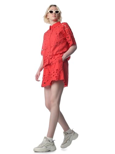 ONLY Women's Self Design Regular Fit High-Rise Red Shorts