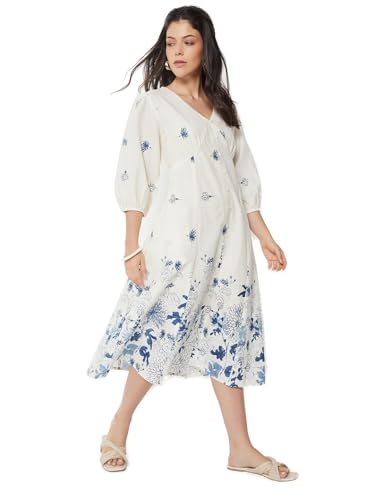Max Women Floral Print A-Line Dress (Off White_S)