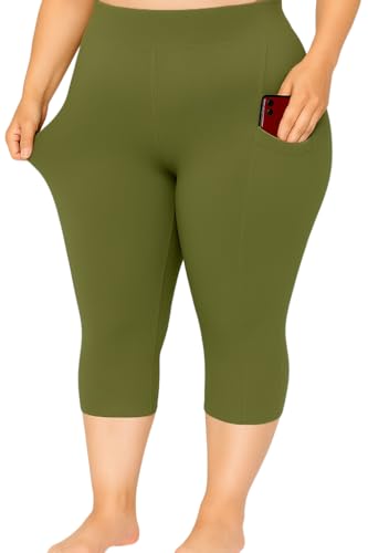 PandaWears Women's Reg/Plus Size Pocket Capri - Stretch Fit (in, Alpha, 3XL, Bio-Mahendi Green)
