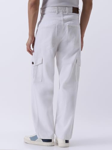 Urbano Fashion Men's White Loose Mid Rise Baggy Fit Cargo Jeans with 6 Pockets Non-Stretchable (jeanlscargo-white-30)