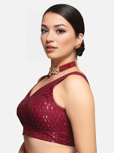 Biyu Women's Silk Sequinned V-Neck Readymade Saree Blouse (Maroon, 42)