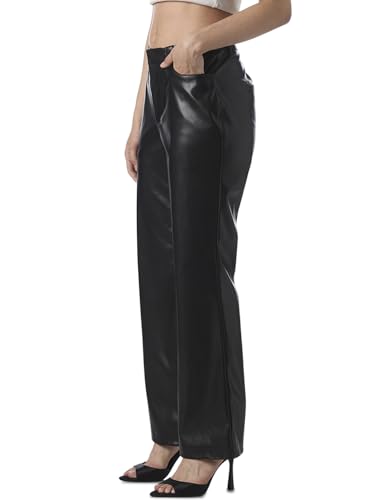 ONLY Women's Solid Straight Fit Mid-Rise Black Pants
