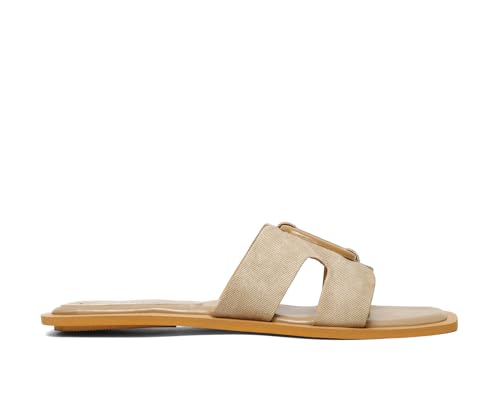 LOUIS STITCH Women’s Fashion Flat Slip On Sandals | Open Toe Beige Stylish Flat Slipper for Ladies, Comfortable All Day Wear Slipper (LSOF-LDSL-SQBBGD) (Size- 8 UK)