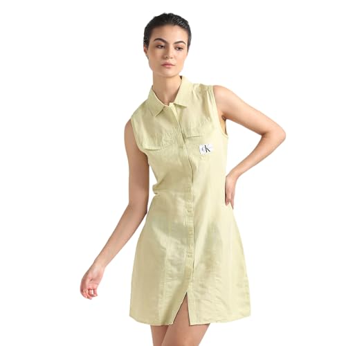 Calvin Klein Linen Green Solid Shirt Collar Sleeveless Women Shirt Dress (XS)