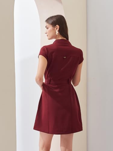 Latin Quarters Women's Maroon Solid Cap Sleeve Collar Neck Casual Shirt Dress_S