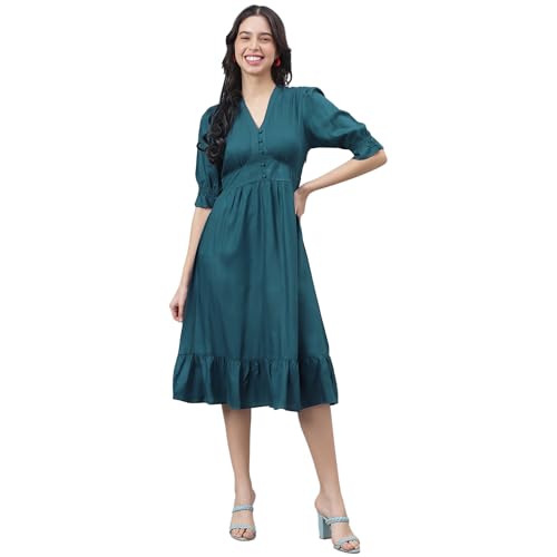 Latin Quarters Women Blue Half Sleeve V-Neck A-Line Dress