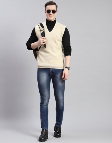 Monte Carlo Mens Beige Solid V Neck Sleeveless Wool Blend Casual Sweater (1230118SL-2638-44)