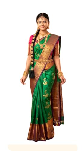 VFCollections Women's Traditional Handloom Kanchipuram Silk Pure Pattu Sarees | Rich Zari Woven Design | Unstitched Blouse (VFC519-2)