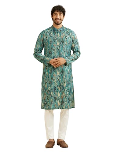 Manyavar Men's Viscose Blend Abstract Print Long Kurta (Green,M)