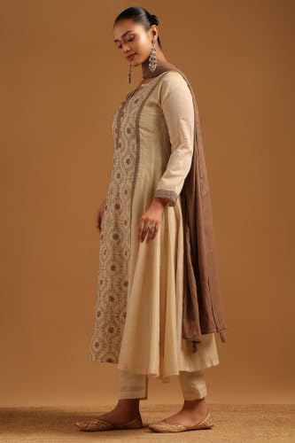 Soch Womens Beige Mul Chanderi Botanical Embroidered Salwar Suit