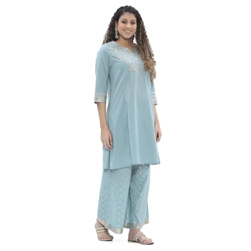 Biba Women Dull Blue Cotton Kalidar Suit Set_36