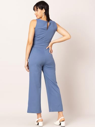Faballey Blue Sleeveless Crop Top and Straight Fit Trousers Co-ord Set