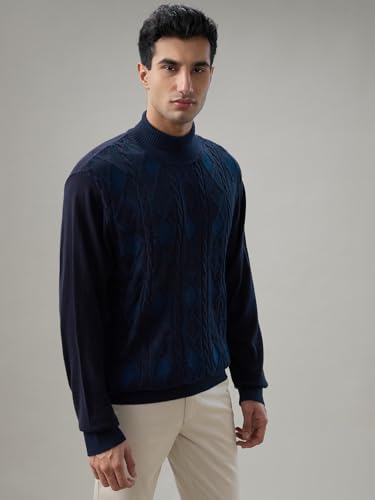 Raymond Men Regular Fit Wrapper Pattern Merino Wool Acrylic Blend Full Sleeve V Neck Casual Sweater Dark Brown