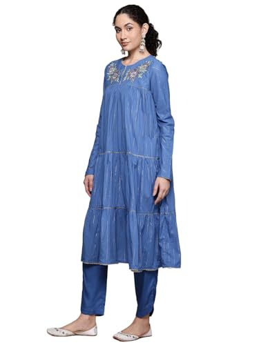 Aarke Ritu Kumar Blue Narmeen Solid Round Neck Kurta With Pant And Dupatta