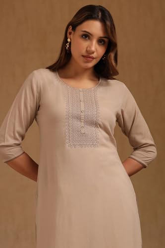 Soch Women's Rayon Embroidered Regular Kurta (CWA5KU61455_Beige_XL)