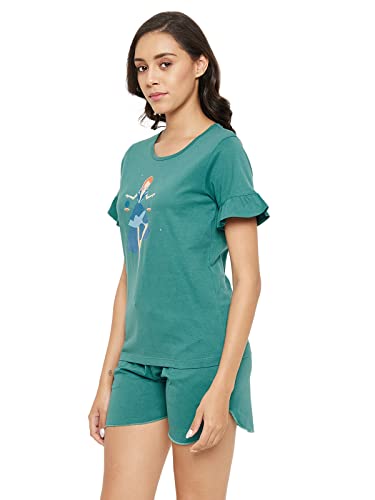 Clovia Women's Cotton Libra Print Top & Shorts Set (LS0555G36_Teal_S)