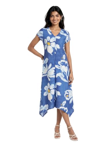 Max Women Floral Print Asymmetric Dress (Blue_M)