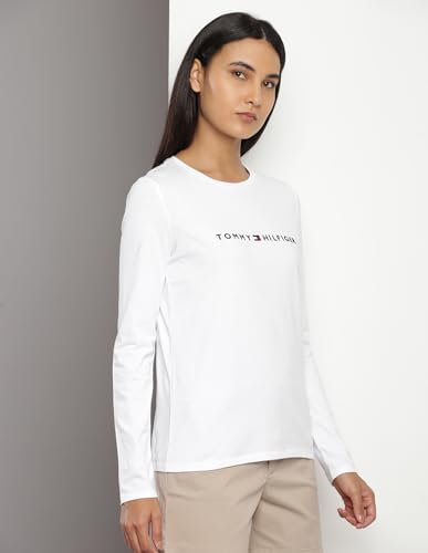 Tommy Hilfiger White Cotton Embroidery Round Neck Full Sleeves Regular Fit Women T-Shirt (F23HWKT126) Size-XL