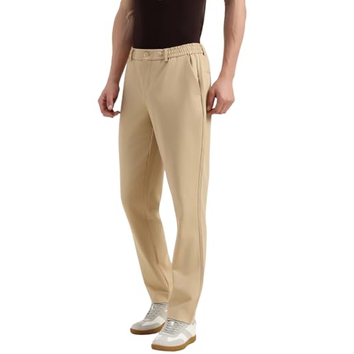 United Colors of Benetton Relaxed Fit Mid Rise Solid Trousers (Size : 38) - 26P4CTWB0935I901 Beige