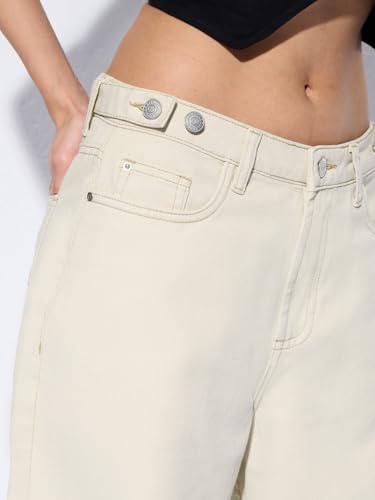The Souled Store Barrel-Fit Denim: Ivory Dust Women and Girls Buttoned Waistband Solid Cotton Lightweight Everyday All-Season Loose Fit Jeans