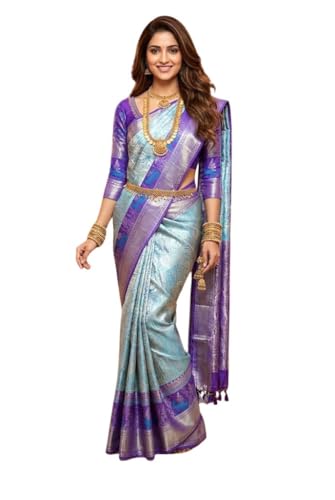 VFCollections Women's Traditional Handloom Kanchipuram Silk Pure Pattu Sarees - Dear Forest Them Border | Rich Zari Woven Design | Bridal Saree | Unstitched Blouse