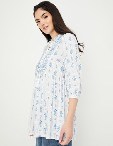 Max Women Printed Tie-Up Neck Tunic (INDIE41015OFF White)_L