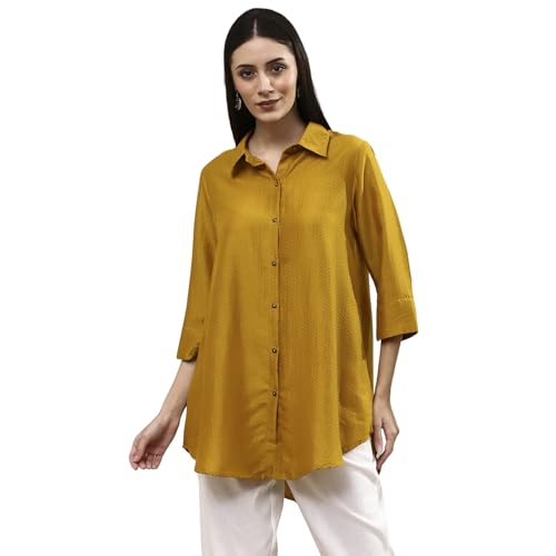 BIBA Women Ochre Yellow Dyed High-Low Shirt_34