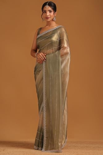 Soch Womens Green Tissue Ombre Saree With Stone Work