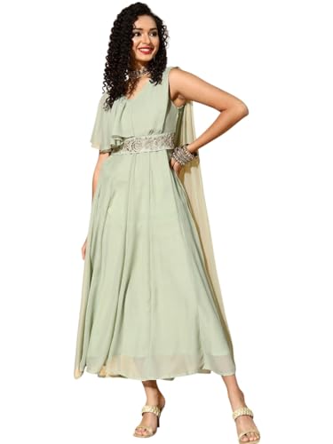 Shae by Sassafras Women's Green Drape Dupatta Anarkali Maxi Dress -S