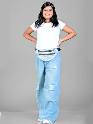 Knit N Knot Girls' Kids Premium Ice, Light Blue Wide Leg Flared Fit Relaxed Loose high Waist Ripped Ruptured Jeans | Casual Festival Occassional wear | Non Stretch | Frayed Bottom | Adjustable Waist