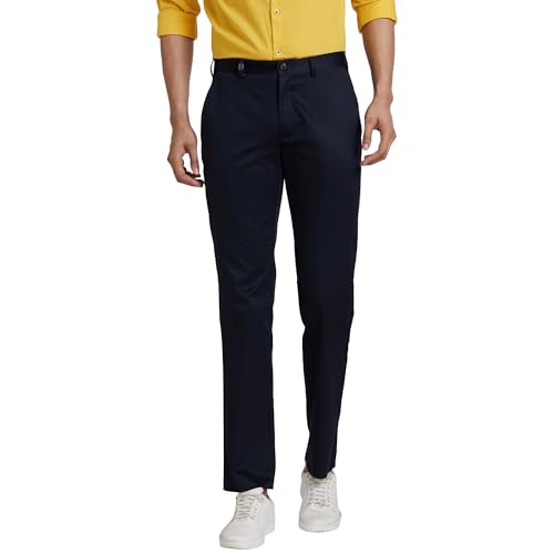 Park Avenue Men's Solid Pattern Super Slim Fit Pure Cotton Flat Front Chinos (Size: 34)-PMTA07327-B8 Dark Blue
