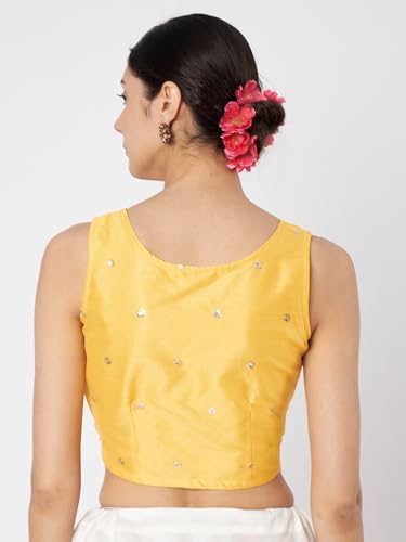 studio rasa Women Net Sequin Embroidered Readymade Blouse for Wedding Festive (TPWC425BL20XL_Yellow_X-Large)