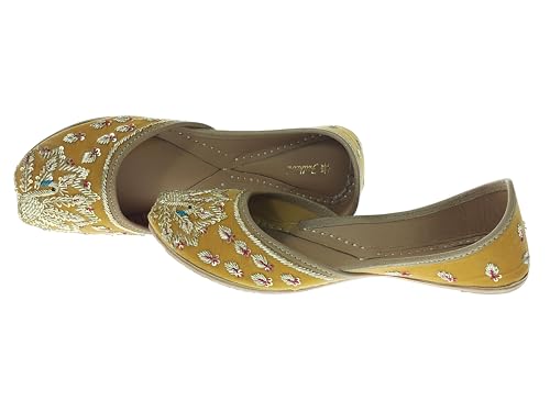 Fulkari Women's Mayur Velvet Skin Gold Toned Soft Leather Embroidered Jutis | Bite and Pinch Free Jutti | Punjabi Formal Juttis | Girl's Wedding Flat Ladies Mojari | Formal Ethnic Juti | 41