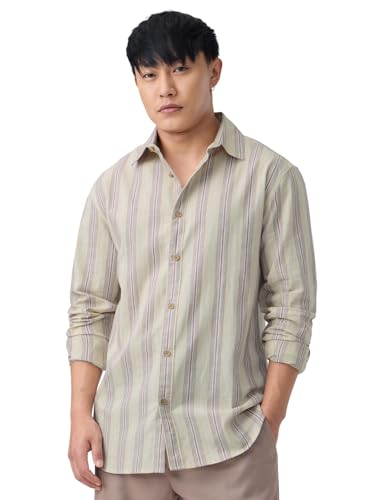 The Souled Store: Nova Men and Boys Long Sleeve Spread Collar Beige Striped Regular Fit Summer Ready Breathable Lightweight Easy to Style Officewear Casual Cotton-Linen Shirt