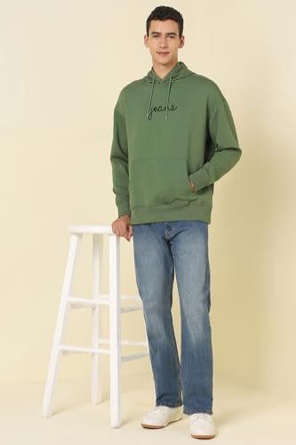 Men Olive Hooded Neck Full Sleeves Casual Sweatshirt