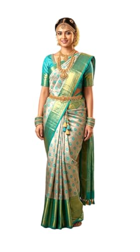 VFCollections Women's Traditional Handloom Kanchipuram Silk Pure Pattu Sarees – Peacocks Border | Rich Zari Woven Design | Bridal Saree | Unstitched Blouse (VFC688-1)