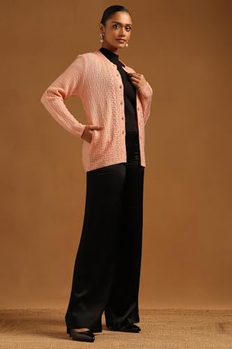 Soch Womens Peach Acrylic Knitted Cardigan with Beads and Stones