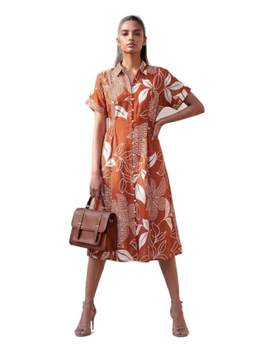Max Women Printed Midi Shirt Dress (Orange_S)