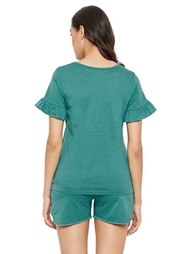 Clovia Women's Cotton Libra Print Top & Shorts Set (LS0555G36_Teal_S)